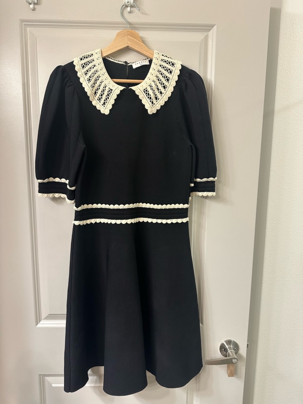 Sandro-Paris Black Dress with Ivory Crochet Collar and Trim